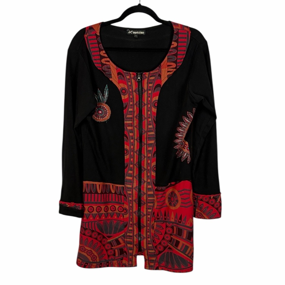 Leopards & Roses Large Boho Zip Tunic Black Red Tribal Print Embroidered